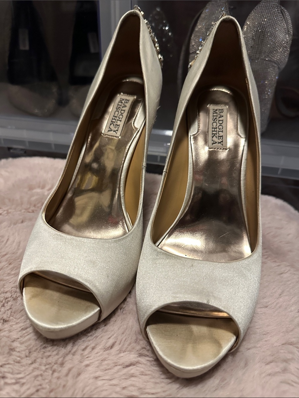 Badgley Mischka Champagne Satin Peep-Toe Heels